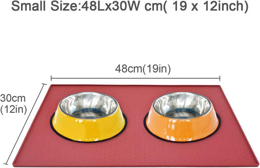 Cat Feeding Mat, Silicone Pet Food Mat, Food Grade Waterproof Anti-Messy Raised-Edges Mat for Puppy Kitty Dog Cat, S(19X12Inch), Burgundy