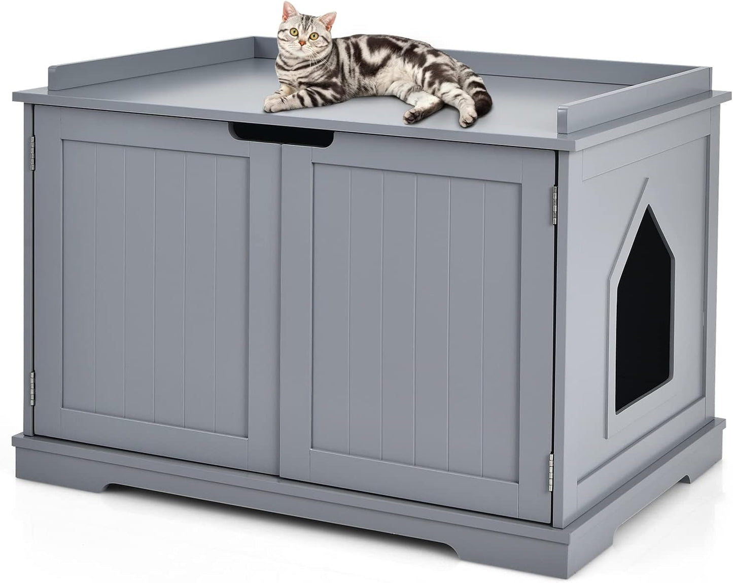 Litter Box Enclosure - Decorative Cat Box Cabinet with Double Doors, Large Cat Kitty Washroom Storage Bench