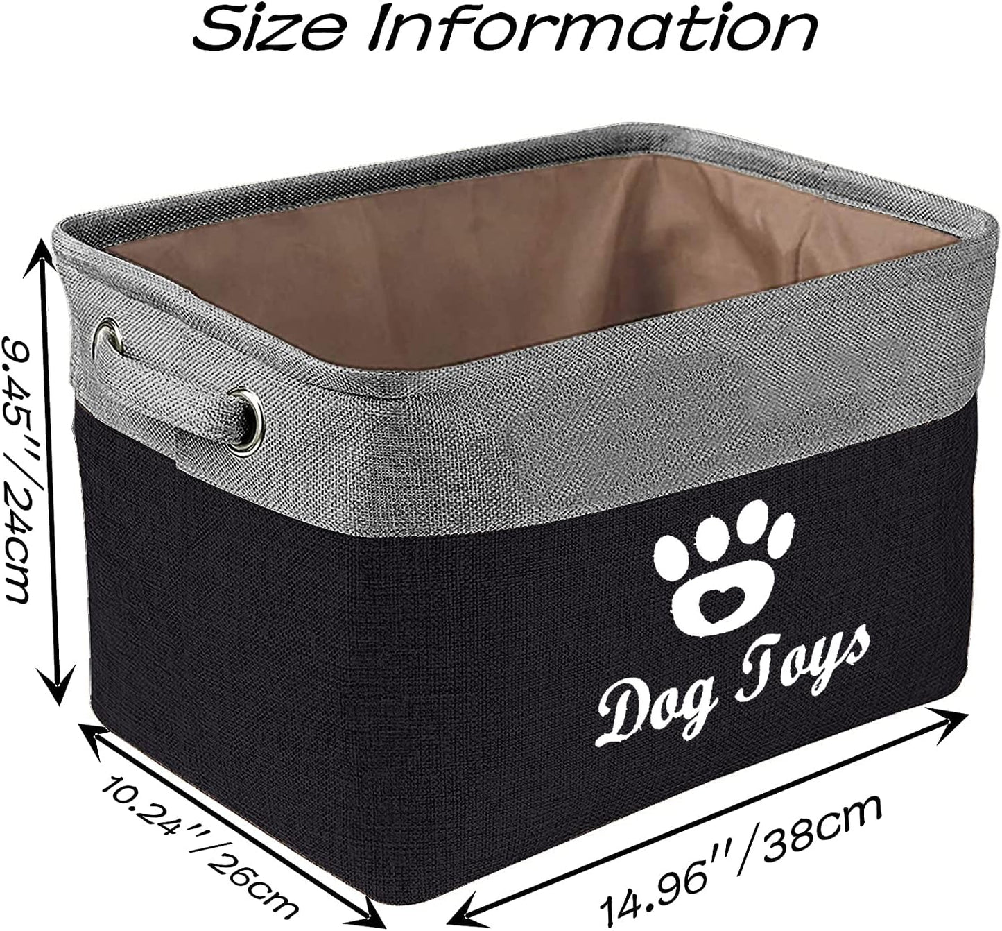 Collapsible Dog Pet Toy Box Accessory Storage Bin with Handles, Organizer Storage Basket for Pet Toys, Blankets, Leashes, and Embroidered Dog Toys Black