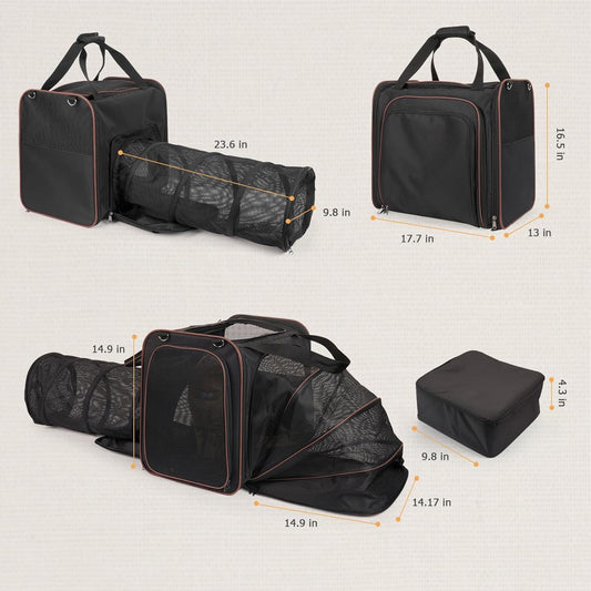 Cat Travel Carrier with Litter Box for Car, Expandable Cat Carrier with Pop Out Tunnel, Cat Carrier for Car Travel Long Distance, up to 20 Lb to Road Trip, Camping, Black