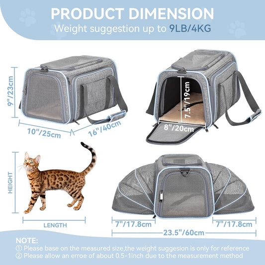 Expandable Small Cat Carriers Dog Carrier, Airline Approved Soft-Sided Portable Washable Pet Travel Carrier with Two Extension up to 9LB