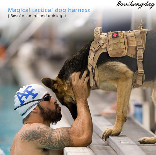 Tactical Dog Vest with Pouches, Adjustable Heavy Duty Nylon Harness for Medium Large Dogs, Service Outdoor Training Military Vest Harness with Molle System and Handle