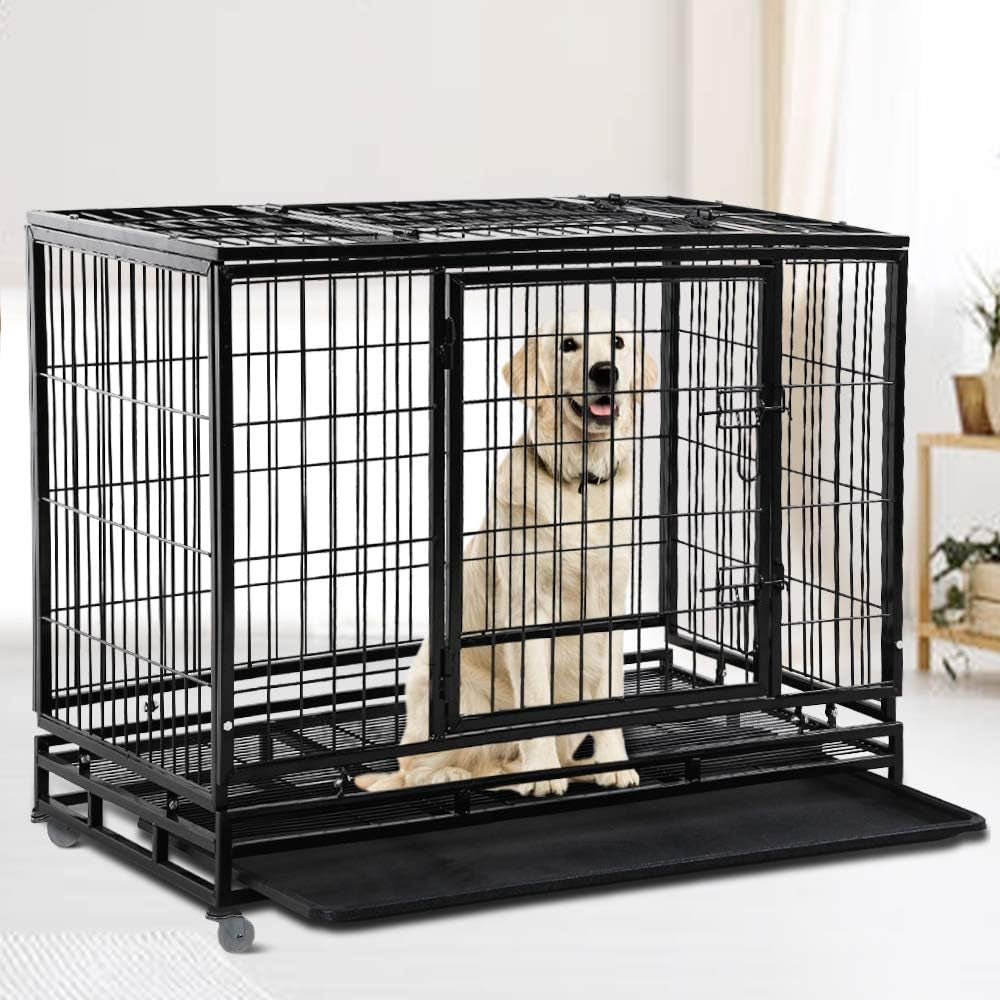 Dog Cage Crate Heavy Duty Sturdy Metal 48/42/36" Large Pet Dog Kennel Fence for Training, Indoor and Outdoor Dog Fence with Lockable Wheels and Plastic Tray and Double Door and Lock Design,Black
