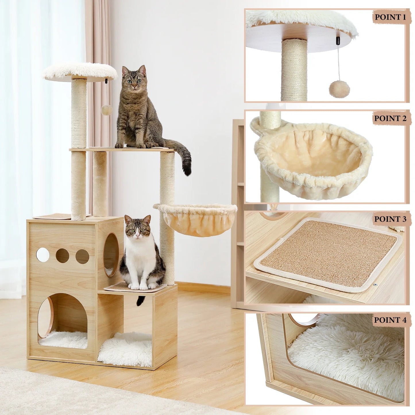51" Cat Tower for Large Cats Modern Wooden Cat Tree Multi-Level Cat Tree Tower Cat Sky Castle with Cozy Cat Condos, Beige