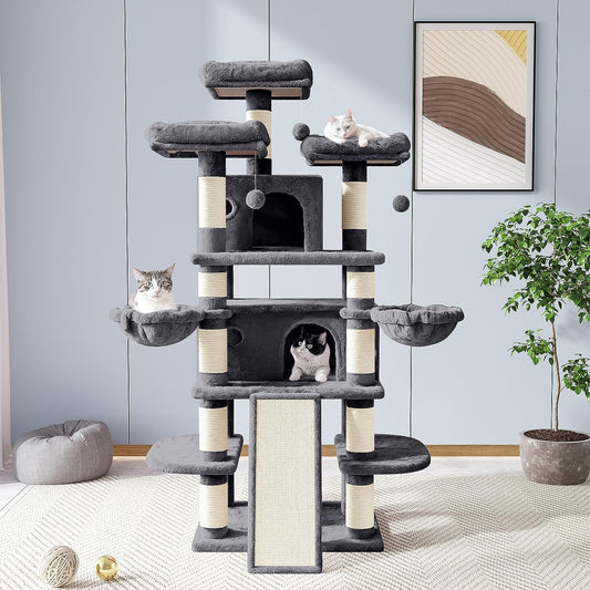 68 Inches Cat Tree/House and Towers for Big Feline/Scratching Post/Multi-Level Large Kitty Climbing Tree with Condo/Smokey Grey