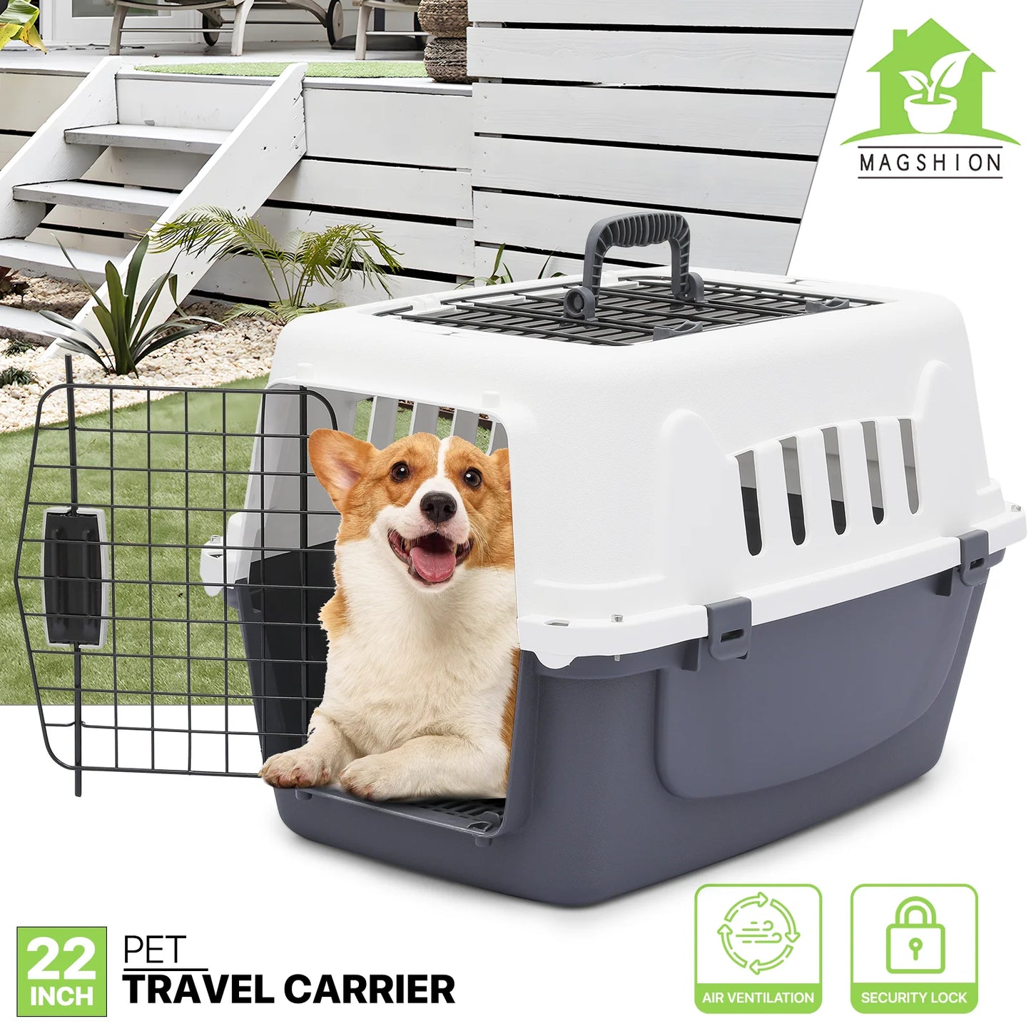 23" Pet Carrier Cage Portable Travel Transport Box, Hard Sided Dog Cat Kennel with Handle and 2 Doors, Airline Approved, White/Grey
