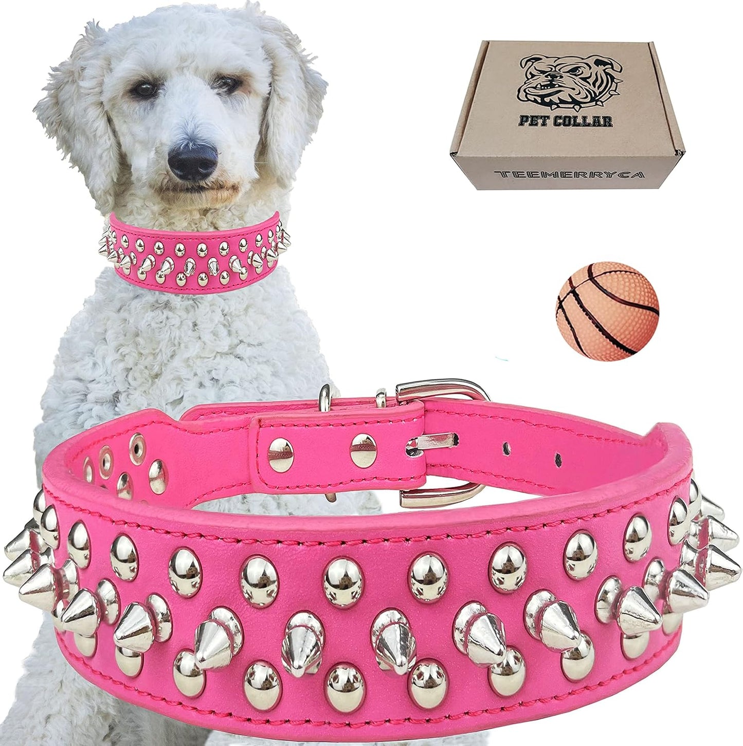 Adjustable Leather Spiked Studded Dog Collars with a Squeak Ball Gift for Small Medium Large Pets like Cats/Pit Bull/Bulldog/Pugs/Husky, Pink, L(15"-18.5")