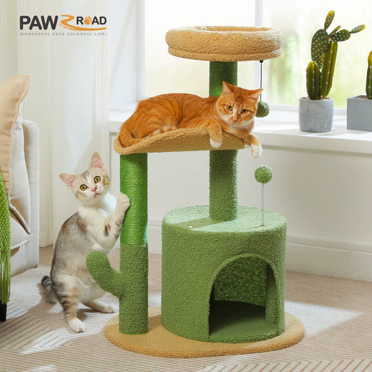 Cactus Cat Tree with Curved Perch Cozy Cat Condo Small Cat Tower with Removable Top Bed Cat Scratching Post for Indoor Cat Toys