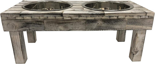 Pet Berjen Table Elevated Double Bowl Feeder, White Wash (Large)