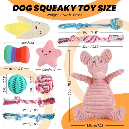 Dog Toys for Small Dogs ,10 Pack Puppy Chew Toys for Teething and Training with Plush Squeaky Toys, Treat Ball and Rope Toys to Keep Them Busy,Pink Pig