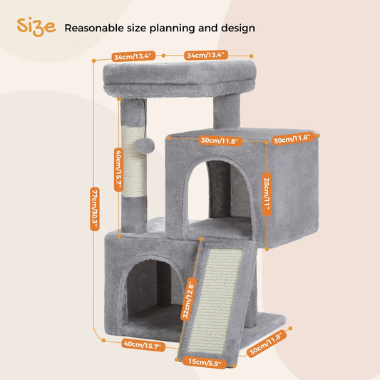 30" Cat Tree Condo with Sisal Scratcing Post Tower Ramp for Indoor Catss, Gray