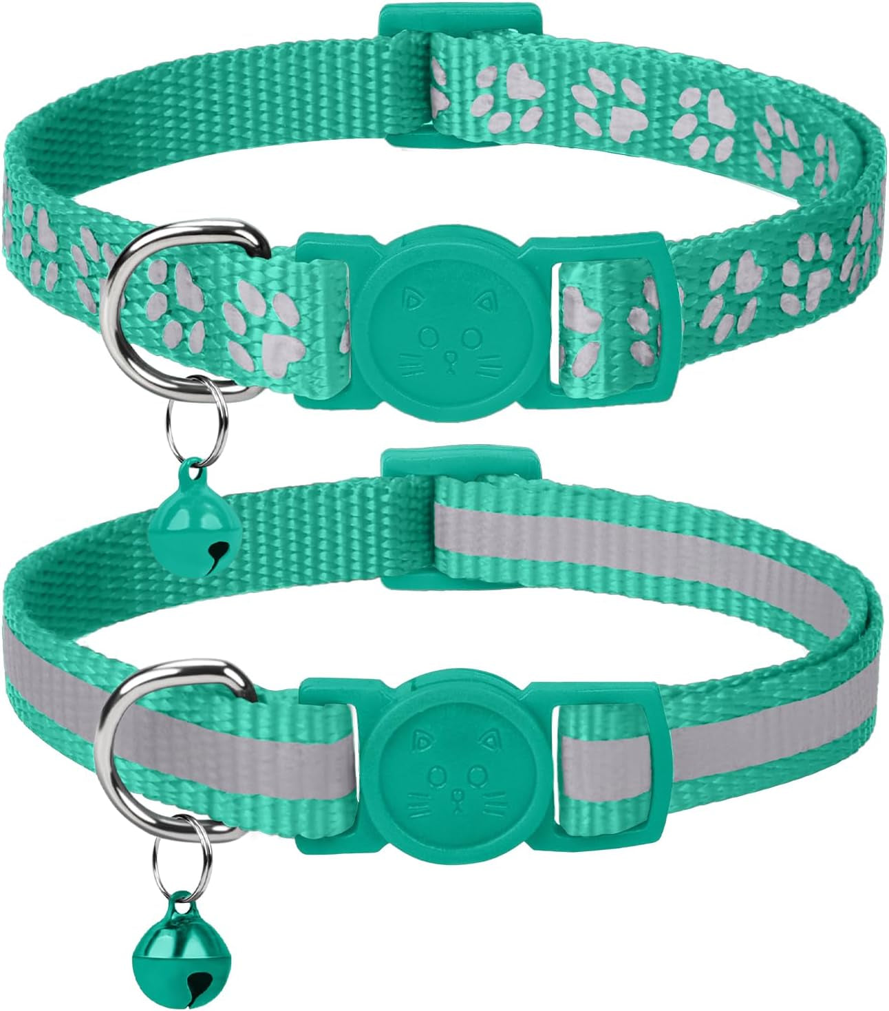 Reflective Cat Collar Breakaway with Bells, 2 Pack Girl Boy Pet Cat Collar Adjustable 7.5-12.5 Inch, Green