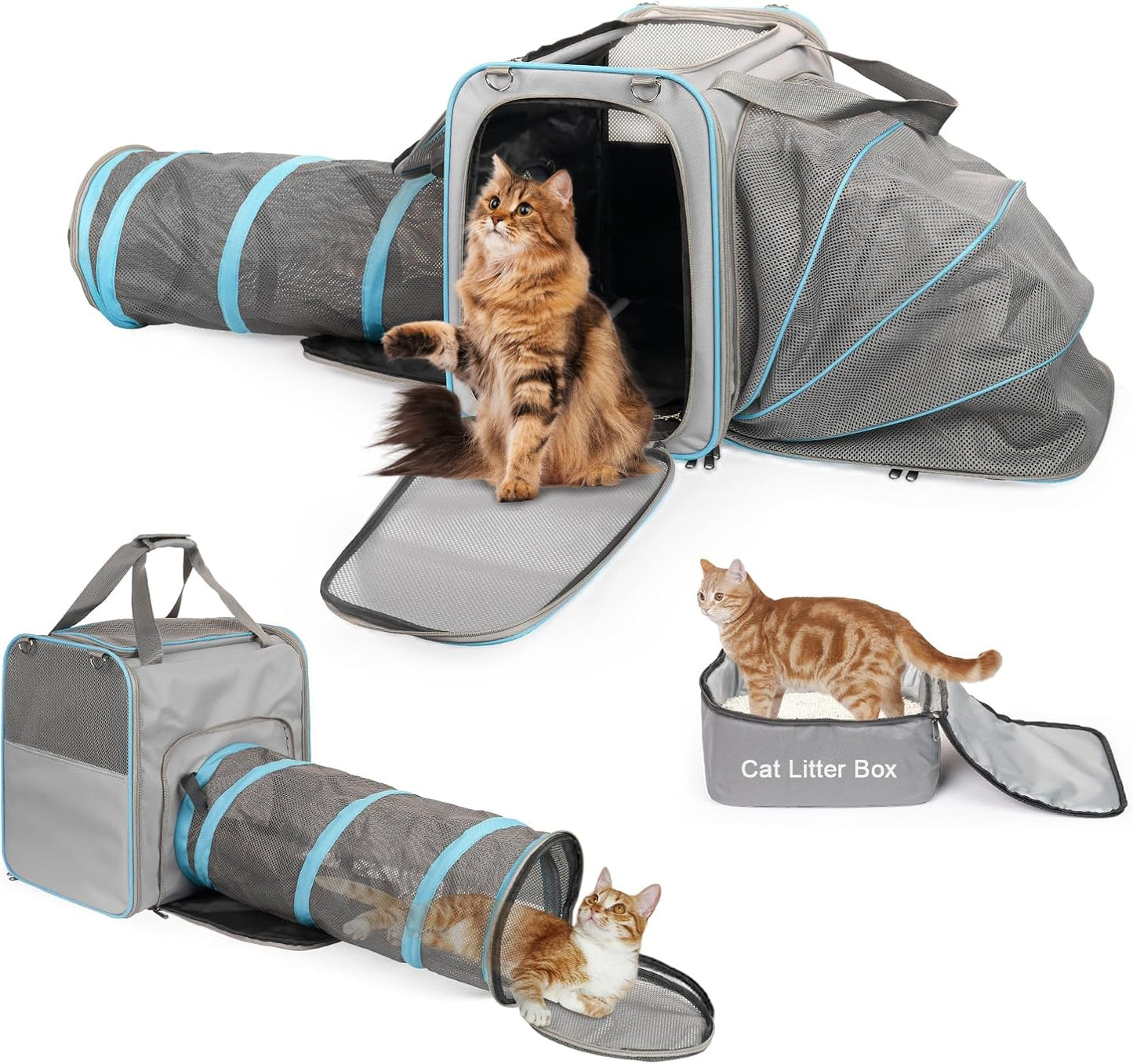 Cat Travel Carrier with Litter Box for Car, Expandable Cat Carrier with Pop Out Tunnel, Cat Carrier for Car Travel Long Distance, up to 20 Lb to Road Trip, Camping, Black