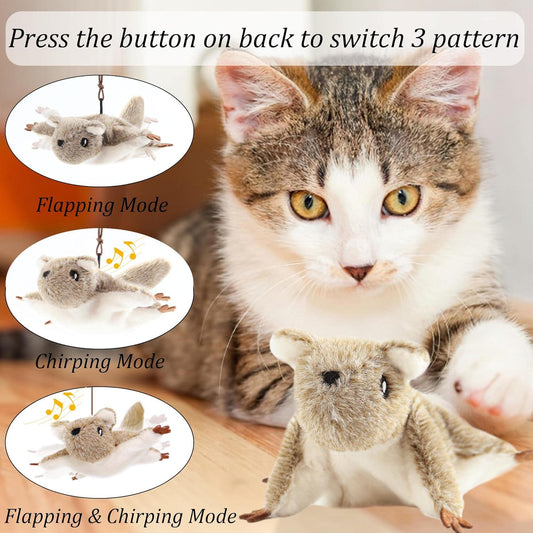 USB Rechargeable Cat Toys Flapping & Chirping Mouse Kitty Toys with Catnip, Door Hanging Interactive Squeaky Flying Squirrel Cat Toys Touch Activated Beating Wings Kitty Kicker Toys for Cats