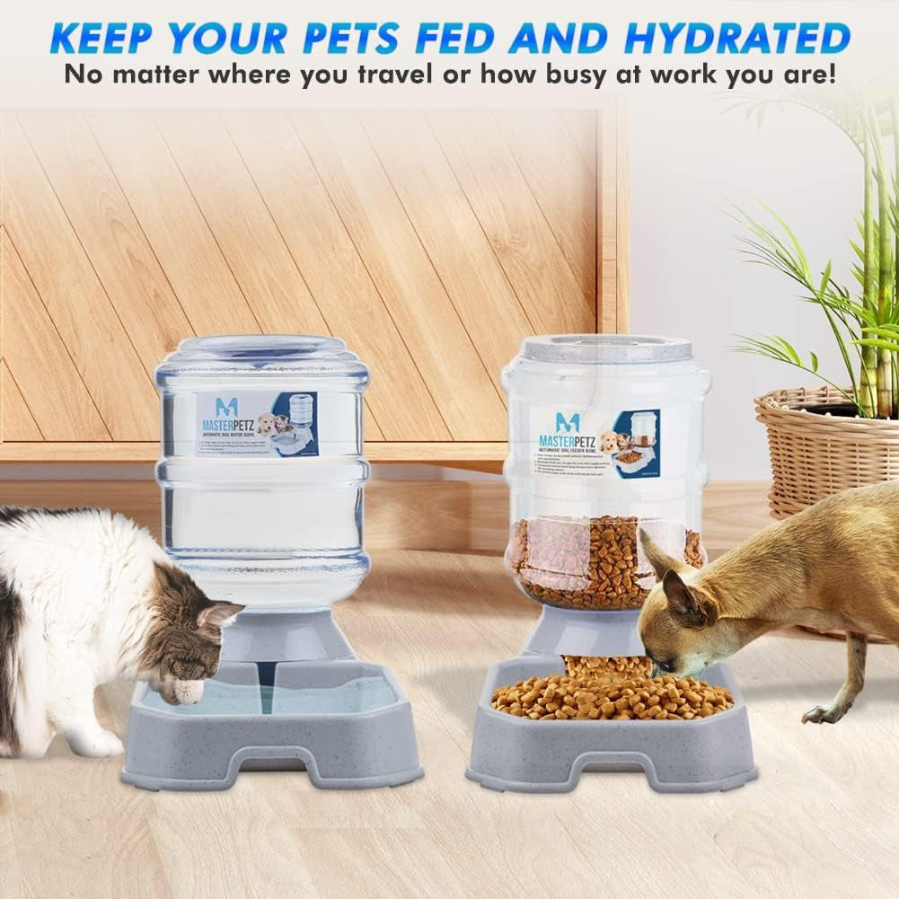 Automatic Cat Feeder and Water Dispenser for Dogs, 1 Gallon X 2 Gravity Feed Water Bowl for Cats Max 30Lbs Self Filling Auto Pet Waterer Replenish Opening with Firm Lock