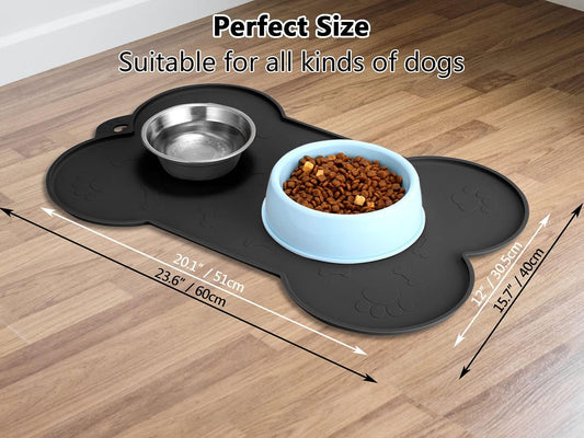 Dog Bowl Mat, Dog Mat for Food and Water Pet Cat Large Small Silicone Rubber Plastic Waterproof Feeding Eating Dish Placemat Trays with Edges Lip for Floor, 23.6"X15.7", Black
