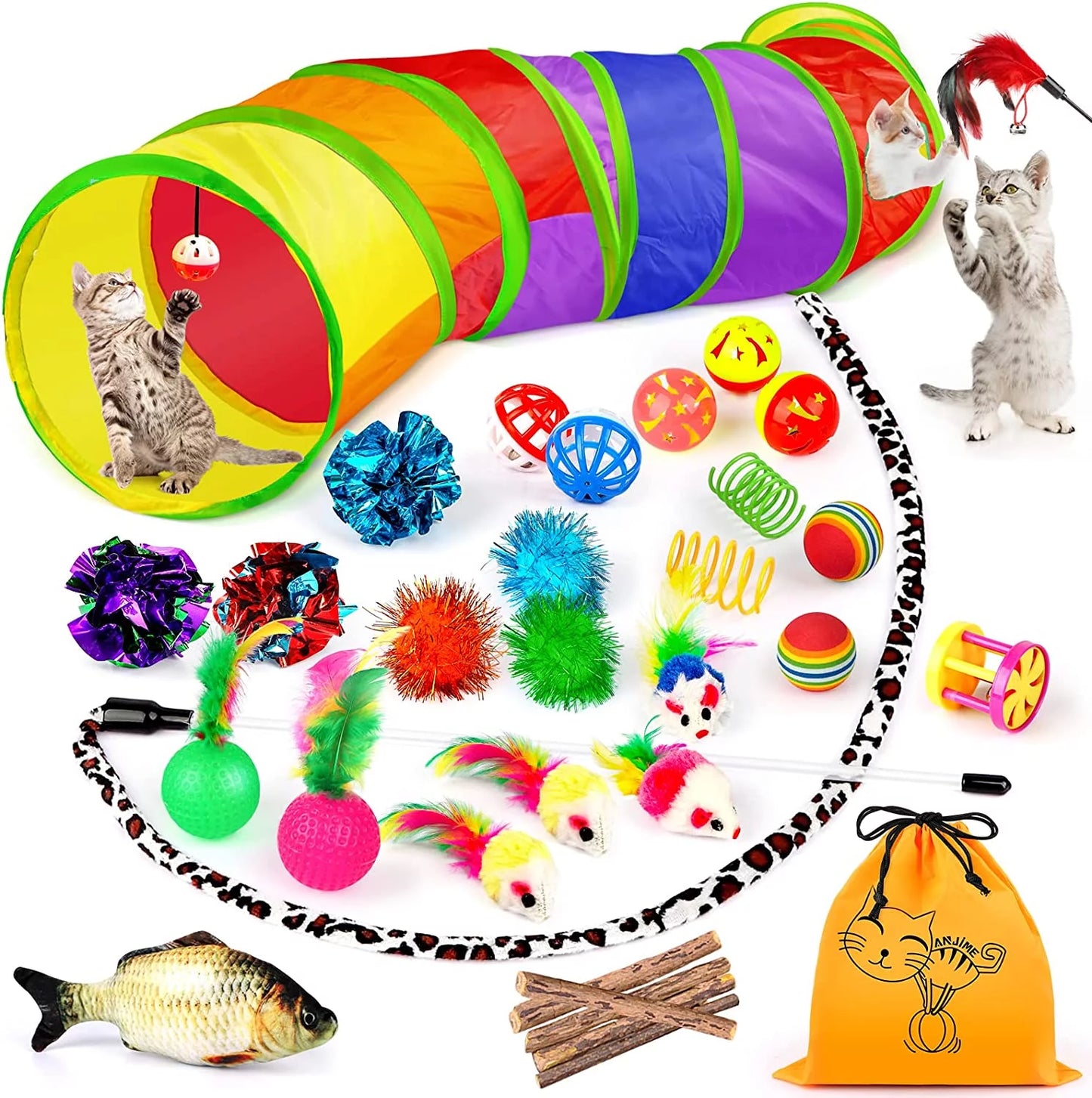 32 Pcs Cat Toys Kitten Toys, Interactive Variety Catnip Toys with Collapsible Rainbow Tunnel, Cat Feather Teaser Crinkle Balls Spring Toy for Cat, Kitty, Puppy