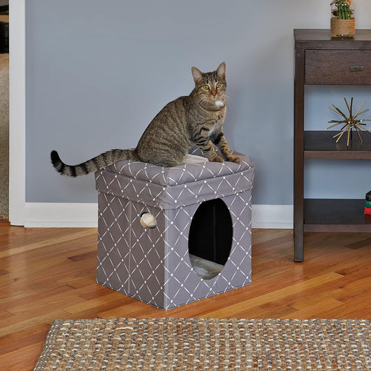 Cat Cube - Cat House/Cat Condo in Fashionable Mushroom Diamond Print, 15.5L X 15.5W X 16.5H Inches