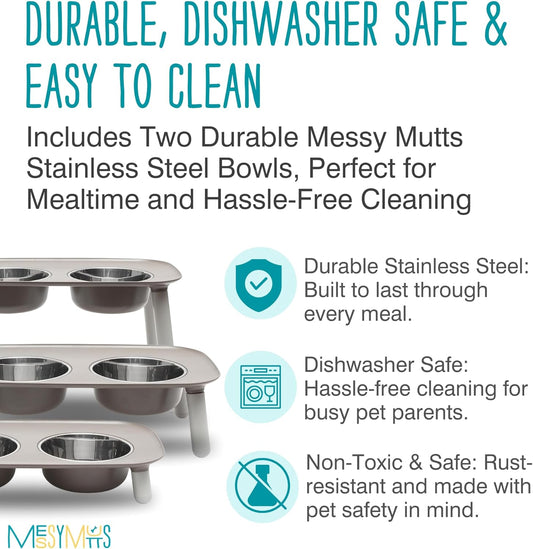 Elevated Double Feeder with Stainless Bowls | Adjustable Height 3”, 5”, or 10” | Adjustable Standing Feeder for Dogs | 5 Cups per Bowl | Dark Grey