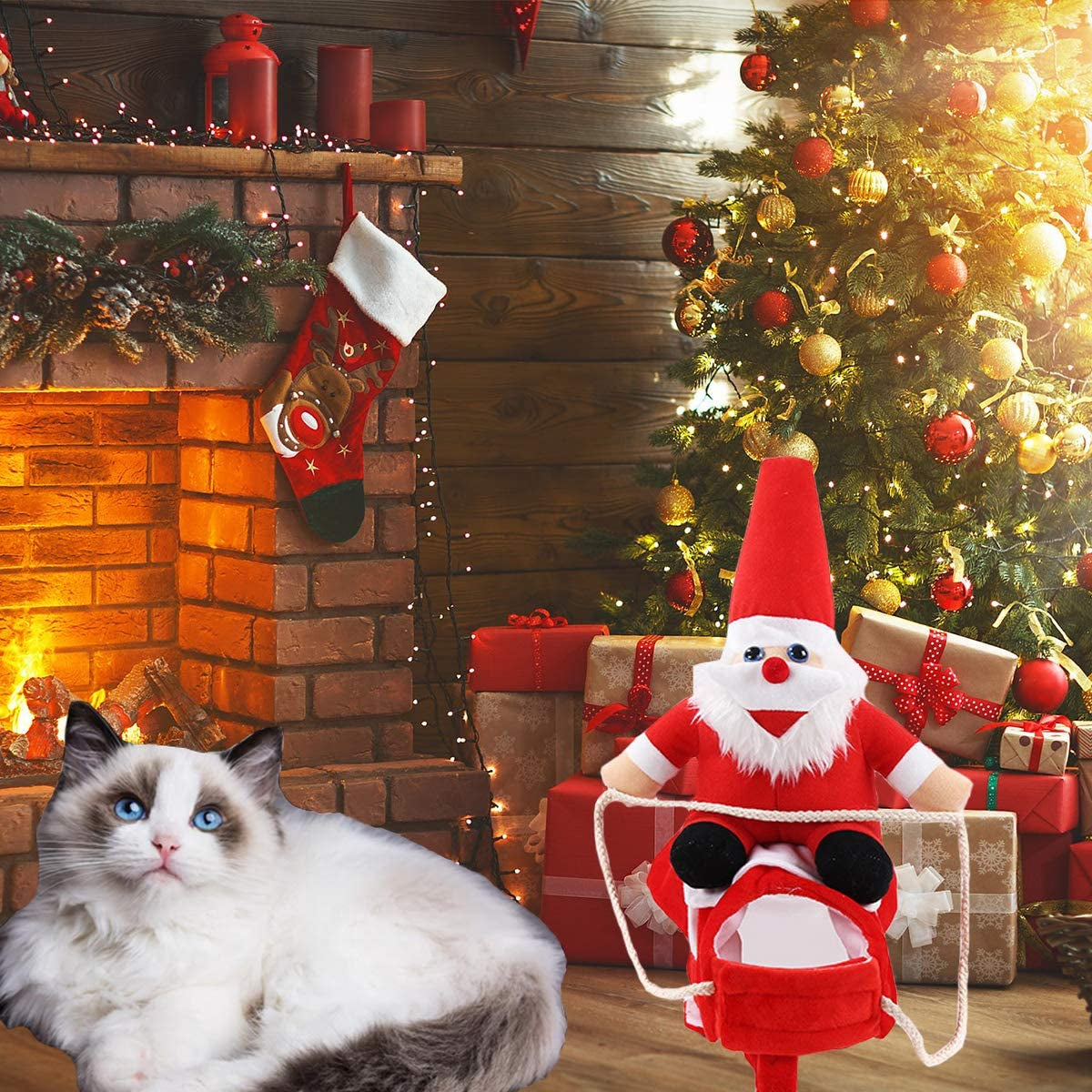 Christmas Dog Santa Claus Costume, Funny Pet Cat Halloween Cosplay, Riding, Red, Large, Polyester Cotton, Easy to Clean, Adjustable, Comfortable, Water Resistant, All Breeds, All Life Stages