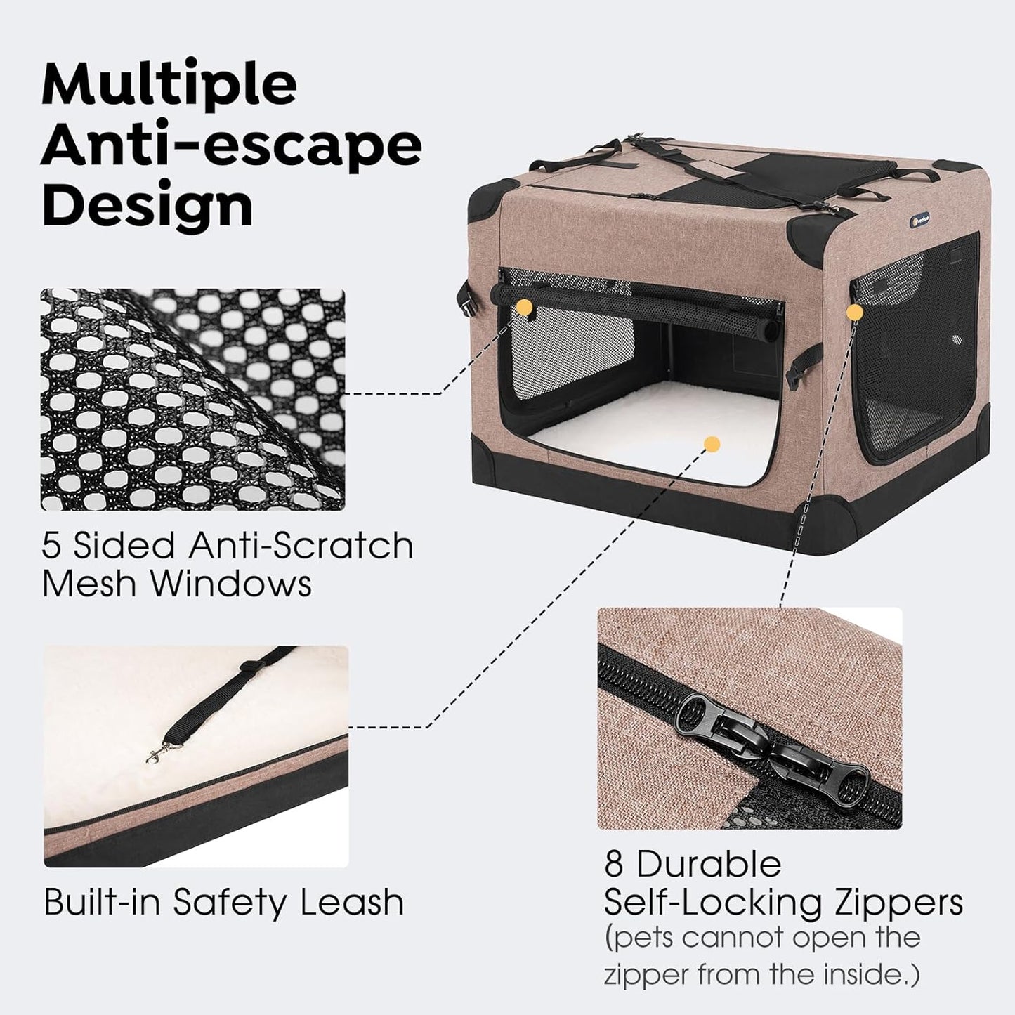 30 Inch Folding Soft Dog Crate, 4-Door Portable Collapsible Pet Kennel Travel Dog Crate for Medium Dogs, 5 X Durable Mesh Screen, 600D Oxford Fabric, Indoor & Outdoor Use, Brown, CWB2428CP