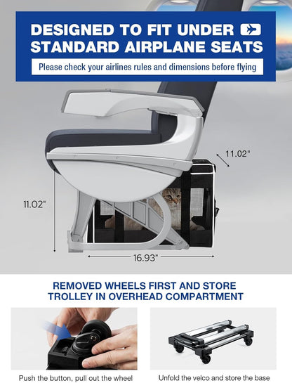 Cat Dog Carrier with Wheels Airline Approved Rolling Pet Carrier with Telescopic Handle, Shoulder Strap and Pet Bowl, Black