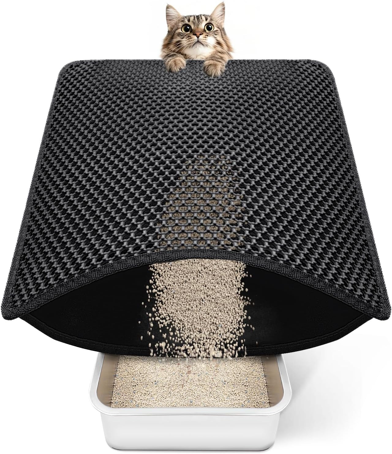 Cat Litter Mat 23"X17" Litter Box Mat, EVA Honeycomb Double Layer Design, Urine & Waterproof, Scatter Control Kitty Litter Mat, Less Waste, Easier to Clean,Washable, Black