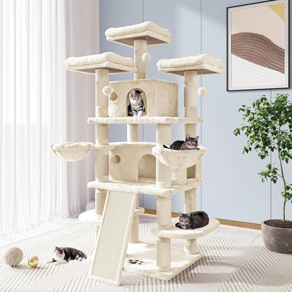 68 Inches Cat Tree/House and Towers for Big Feline/Scratching Post/Multi-Level Large Kitty Climbing Tree with Condo/Smokey Grey