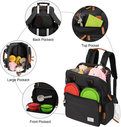 Dog Travel Bag - Airline Approved Backpack for Pet Accessories Organizer, Tote Weekend Bag with 2 Dog Food Containers, 2 Collapsible Bowls, 1 Pet Mat, Black