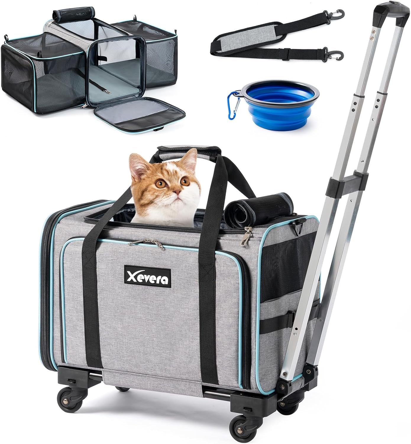 Cat Dog Carrier with Wheels Airline Approved Rolling Pet Carrier with Telescopic Handle, Shoulder Strap and Pet Bowl, Black