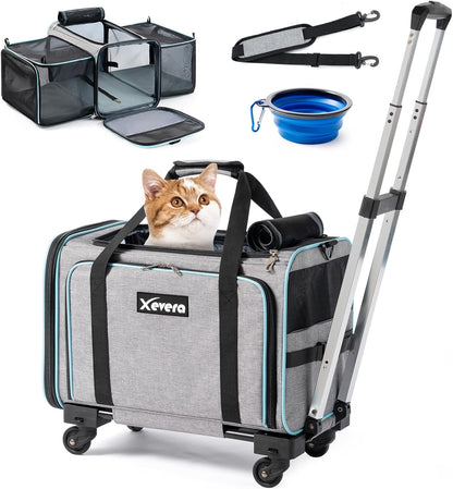 Cat Dog Carrier with Wheels Airline Approved Rolling Pet Carrier with Telescopic Handle, Shoulder Strap and Pet Bowl, Black