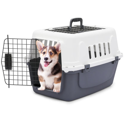 23" Pet Carrier Cage Portable Travel Transport Box, Hard Sided Dog Cat Kennel with Handle and 2 Doors, Airline Approved, White/Grey