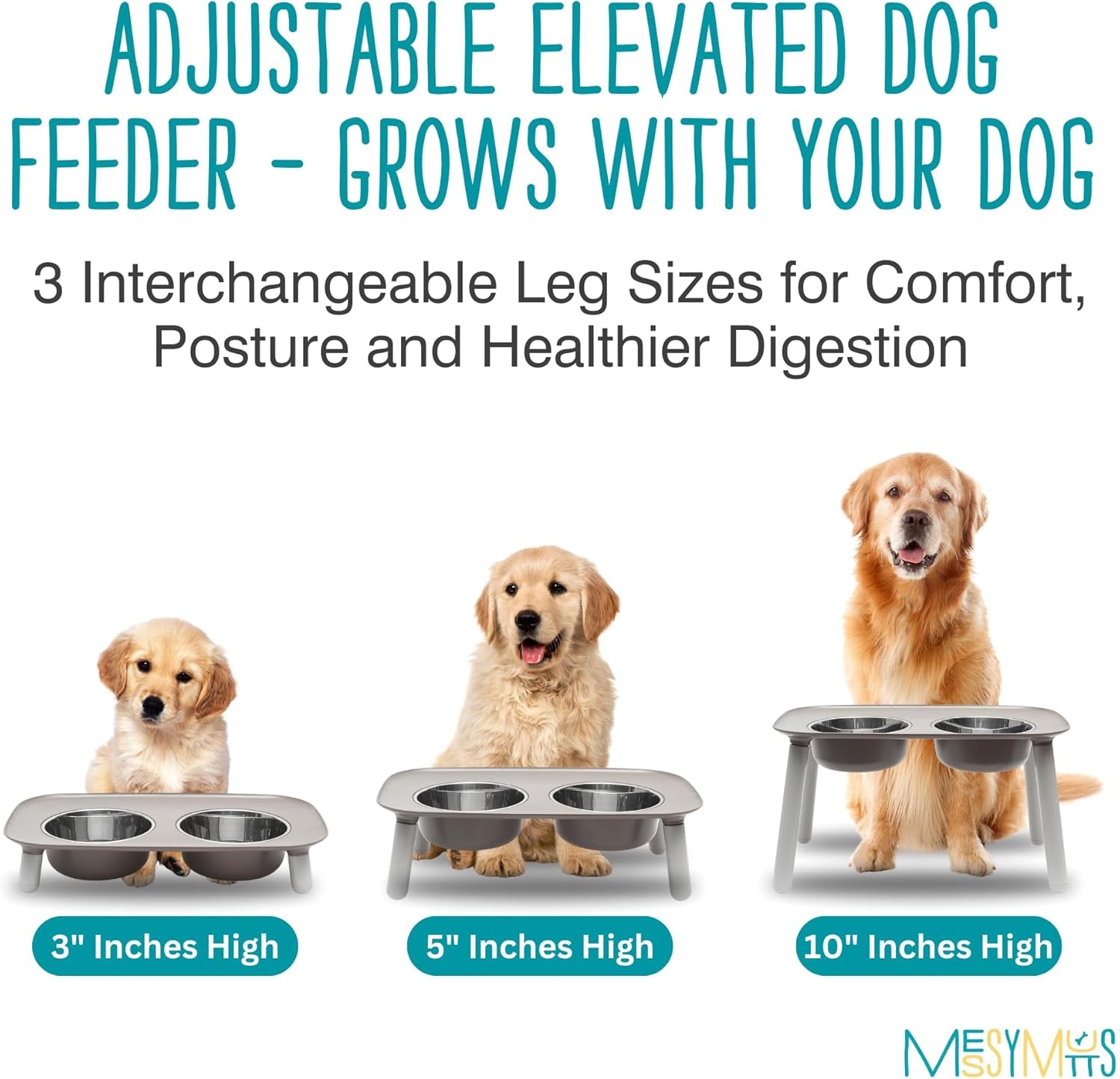 Elevated Double Feeder with Stainless Bowls | Adjustable Height 3”, 5”, or 10” | Adjustable Standing Feeder for Dogs | 5 Cups per Bowl | Dark Grey