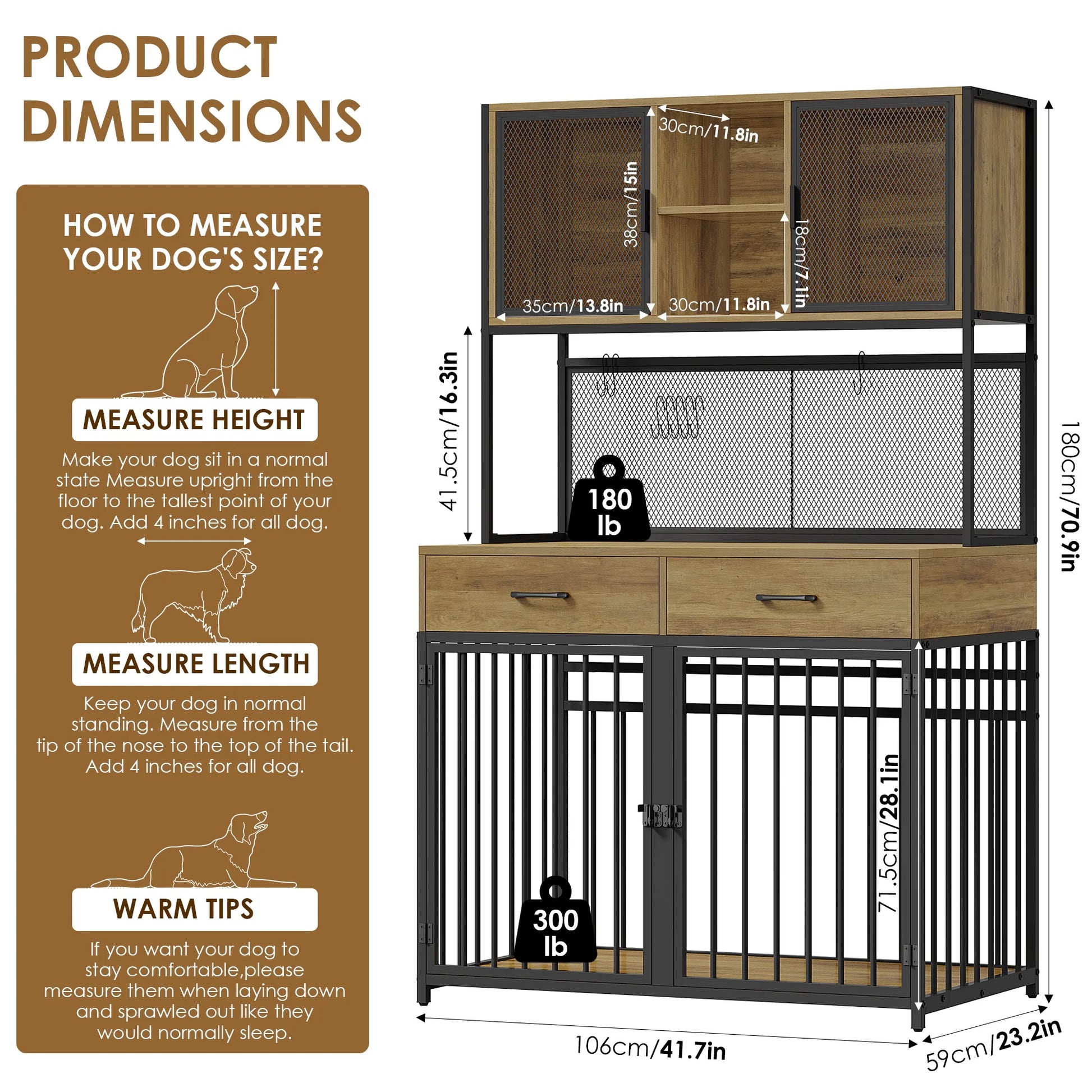 71" Tall Dog Crates Furniture, Indoor Dogs Kennel with Hutch, 42"W Dog Cage Furniture for Large/Medium Dogs, Decorative Sturdy Pet House, Rustic Brown