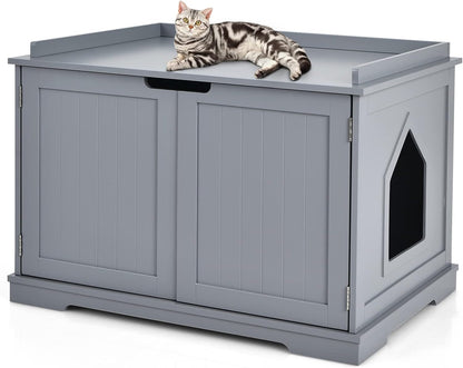 Litter Box Enclosure - Decorative Cat Box Cabinet with Double Doors, Large Cat Kitty Washroom Storage Bench