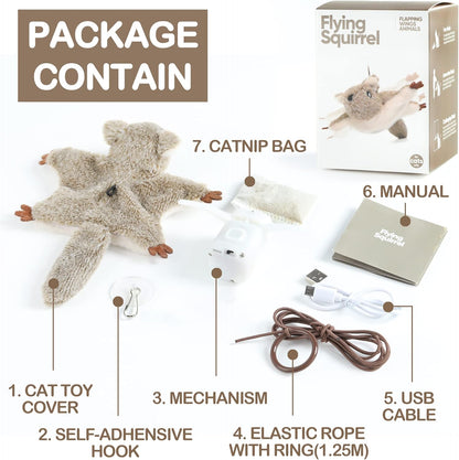 USB Rechargeable Cat Toys Flapping & Chirping Mouse Kitty Toys with Catnip, Door Hanging Interactive Squeaky Flying Squirrel Cat Toys Touch Activated Beating Wings Kitty Kicker Toys for Cats