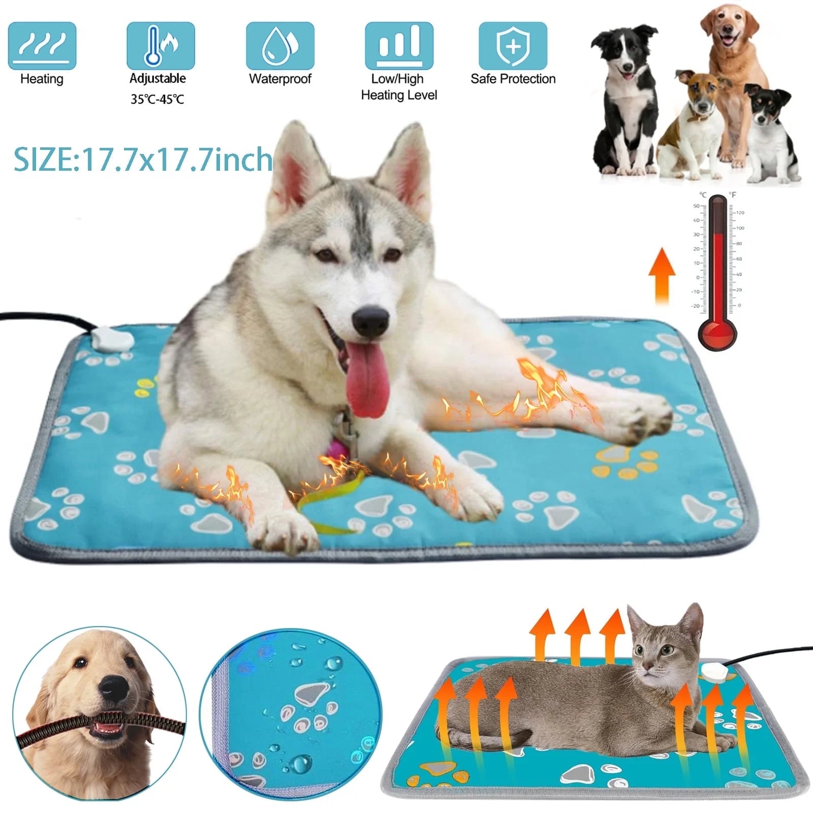 Pet Heating Pad, Waterproof Heated Bed Mat for Cats Dogs Puppies Bed Indoor, Electric Warming Pad Heating Blanket with Anti- Steel Cord, Dual Temperature Dual Control, 17.7Inch