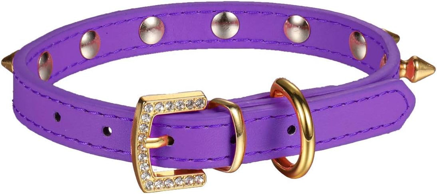 One Row Golden Spiked Studded Leather Dog Collar/Cat Collar with Golden Rhinestone Buckle for Small Dog/Cat Puppy Kitty (Purple, XS)