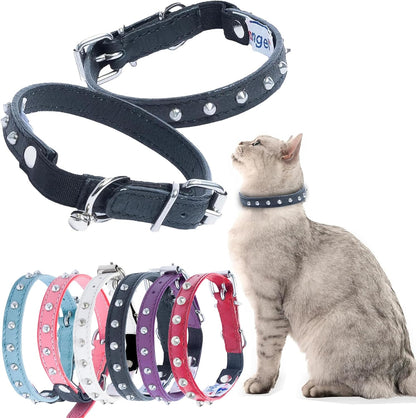 Studded Cat Collar, Genuine Leather Kitten Collar, Sturdy Breakaway Cat Collar with Bell and Elastic Stretch, Cat Accessories, Ivory White, 10 X 1/2 Inches -