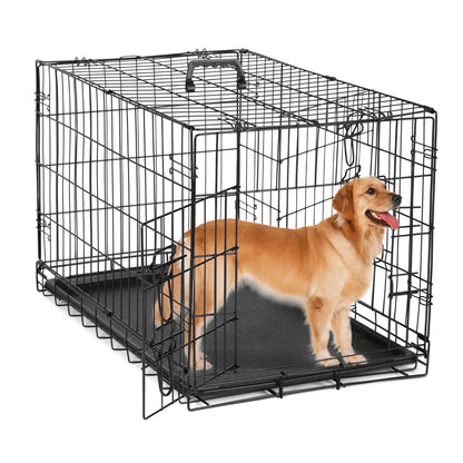 Small Dog Crate with Divider Panel, 24" Double Door Folding Metal Wire Dog Cage with Plastic Leak-Proof Pan Tray
