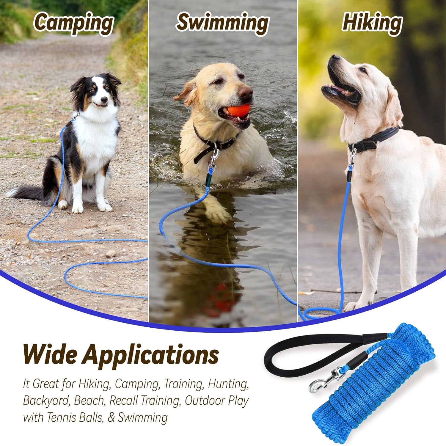 Check Cord Dog Leash Long Lead Training Tracking Line Comfortable Handle Heavy Duty Puppy Rope 10Ft 15Ft 30Ft 50Ft for Small Medium Large Dog Blue