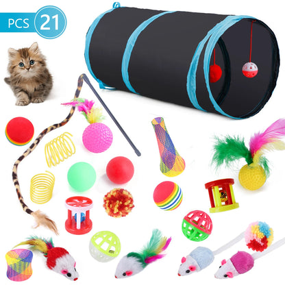 21 Pcs Cat Toys Kitten Toys Assortments Tunnel Interactive Cat Teaser Fluffy Mouse Crinkle Balls for Cat