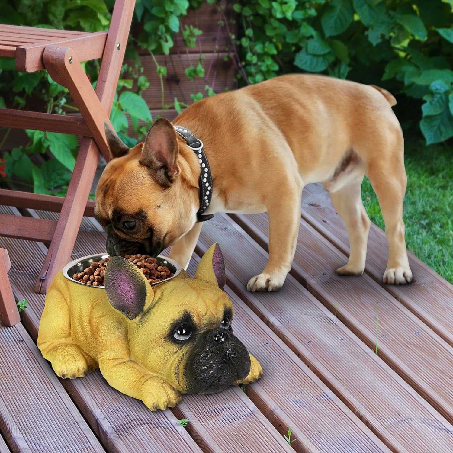 French Bulldog Bowl, Adorable/Durable Resin Dog Décor, Stainless Steel Bowl, 12.5”X9.5”X6.5”