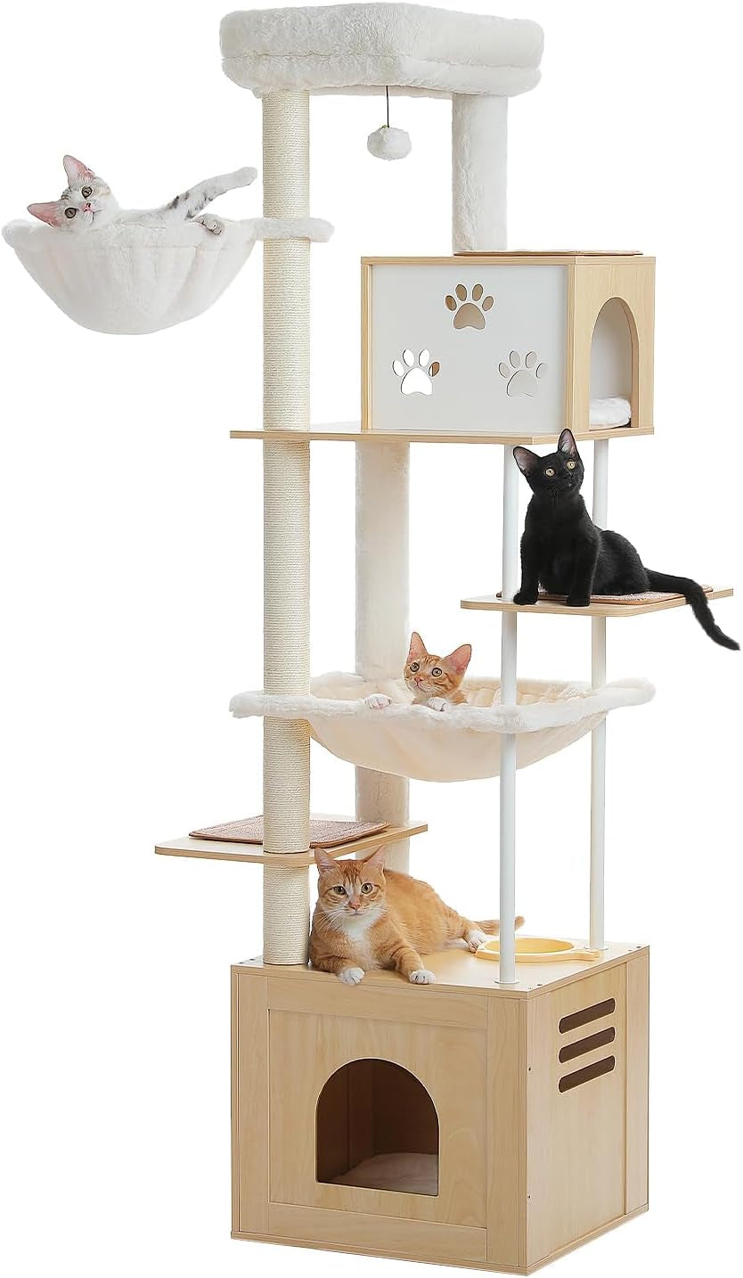 Cat Tree 35 Inches Wooden Cat Tower with Double Condos, Spacious Perch, Fully Wrapped Scratching Sisal Posts and Replaceable Dangling Balls-Walnut