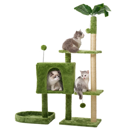 31.5" Cat Tree Cat Tower for Indoor Cats with Green Leaves, Cat Condo Cozy Plush Cat House with Hang Ball and Leaf Shape Design, Cat Furniture Pet House with Cat Scratching Posts, Green