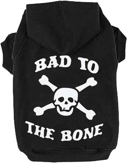Bad to the Bone Lettered Dog Hoodie - Warm Fleece Sweatshirt with Hood and Leash Hole, Cozy Soft Pet Outfit for Small Medium Dogs, M