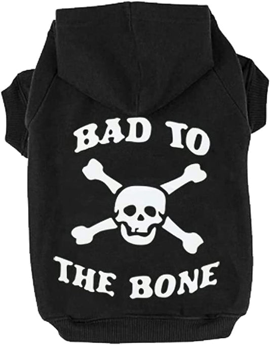 Bad to the Bone Lettered Dog Hoodie - Warm Fleece Sweatshirt with Hood and Leash Hole, Cozy Soft Pet Outfit for Small Medium Dogs, M