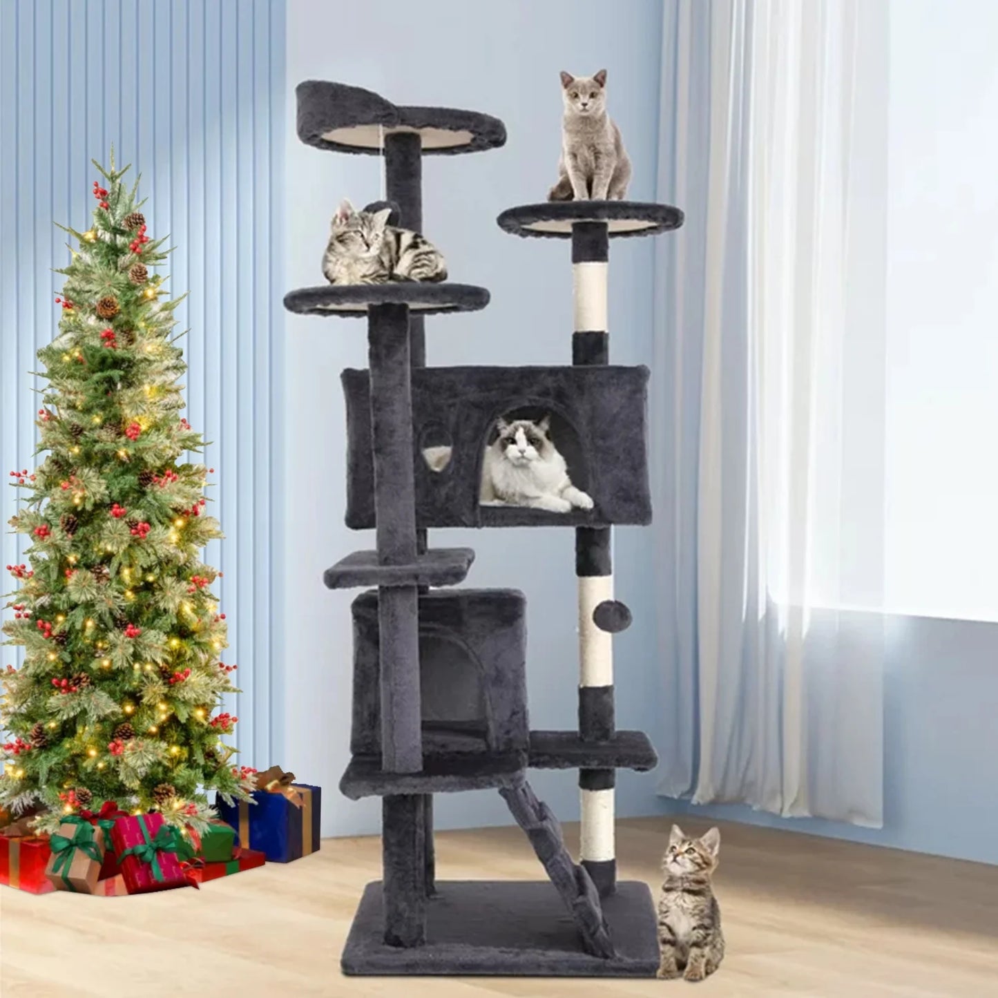 54-In Double Condo Cat Tree Tower Playhouse with Scratching Post & Perch for Indoor, Navy Blue