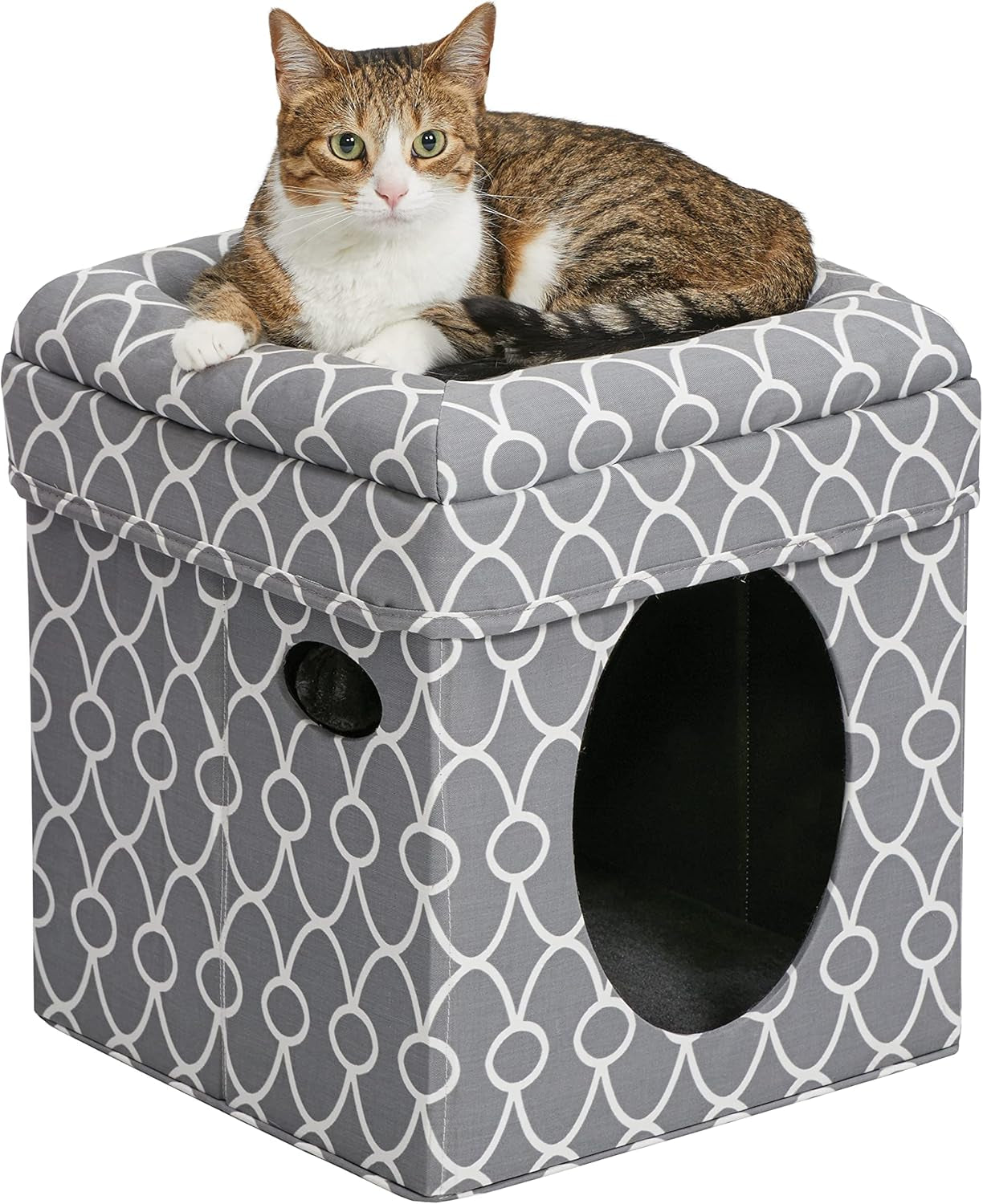 Cat Cube - Cat House/Cat Condo in Fashionable Mushroom Diamond Print, 15.5L X 15.5W X 16.5H Inches