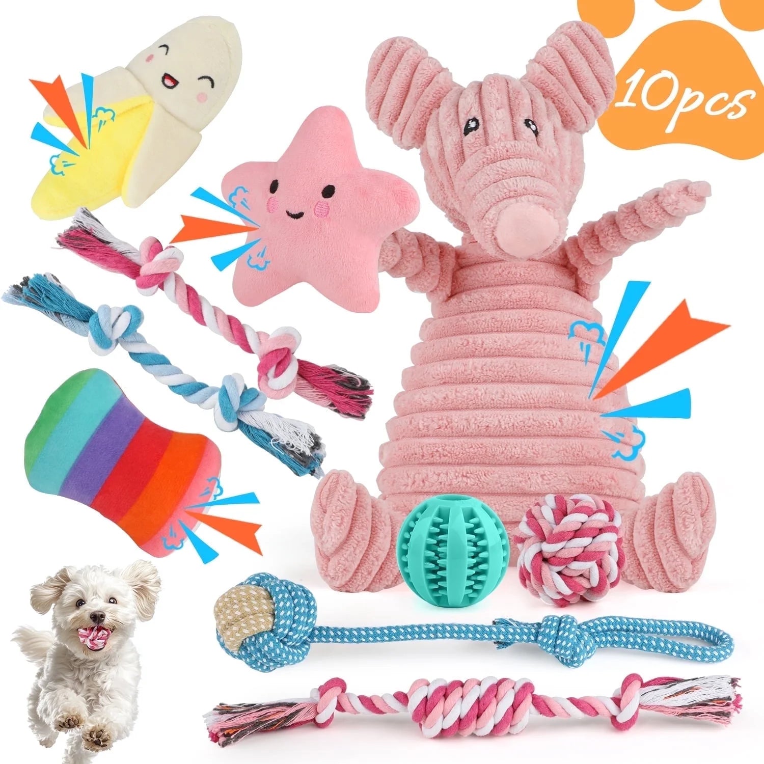 Dog Toys for Small Dogs ,10 Pack Puppy Chew Toys for Teething and Training with Plush Squeaky Toys, Treat Ball and Rope Toys to Keep Them Busy,Pink Pig
